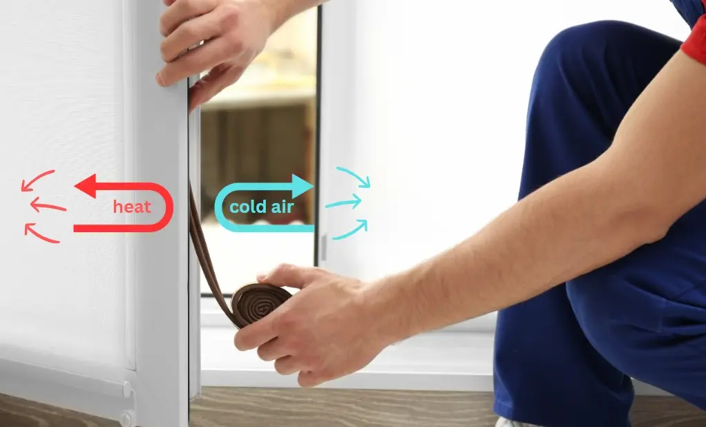 Image of a person applying weather stripping to a door or window frame, with red arrows labeled “heat” pointing outward and blue arrows labeled “cold air” pointing inward—illustrating how sealing gaps prevents heat loss and improves insulation.