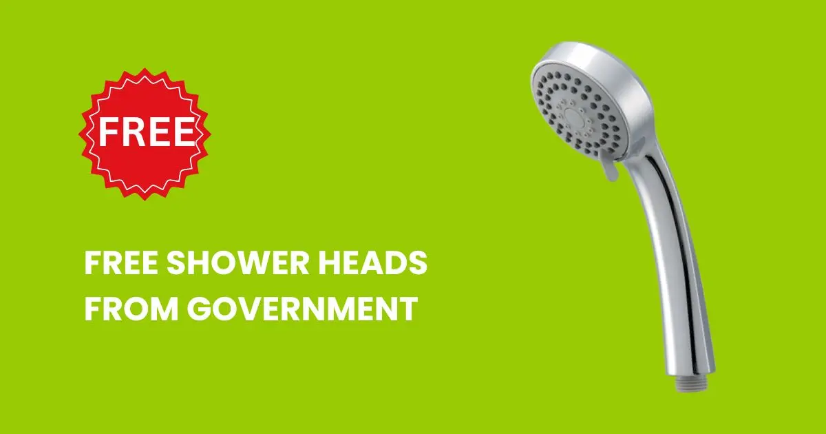 Promotional graphic with a bright green background featuring a silver handheld shower head and a red starburst labeled “FREE.” Text reads “Free Shower Heads from Government,” highlighting a water-saving rebate program. | ecogeek.au