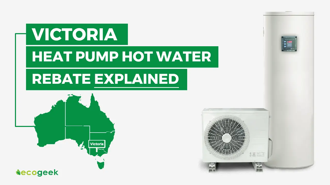 Promotional graphic featuring the text “Victoria Heat Pump Hot Water Rebate Explained,” with a map of Australia highlighting Victoria, two hot water appliances, and the EcoGeek logo—designed to inform residents about energy-efficient rebate options.