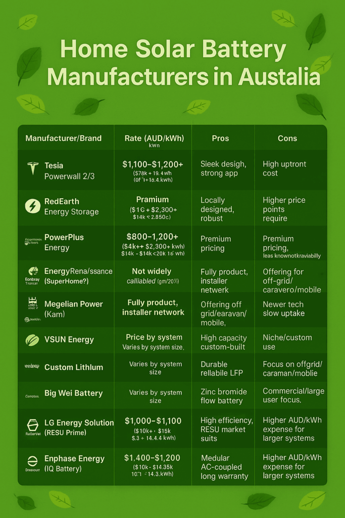 Comparison chart of home solar battery manufacturers in Australia, styled in an eco green theme with leaf accents. Includes pricing, pros and cons, and product details for brands like Tesla, RedEarth, and Enphase.