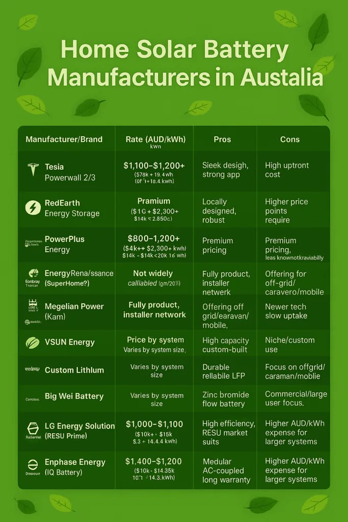 Comparison chart of home solar battery manufacturers in Australia, styled in an eco green theme with leaf accents. Includes pricing, pros and cons, and product details for brands like Tesla, RedEarth, and Enphase.