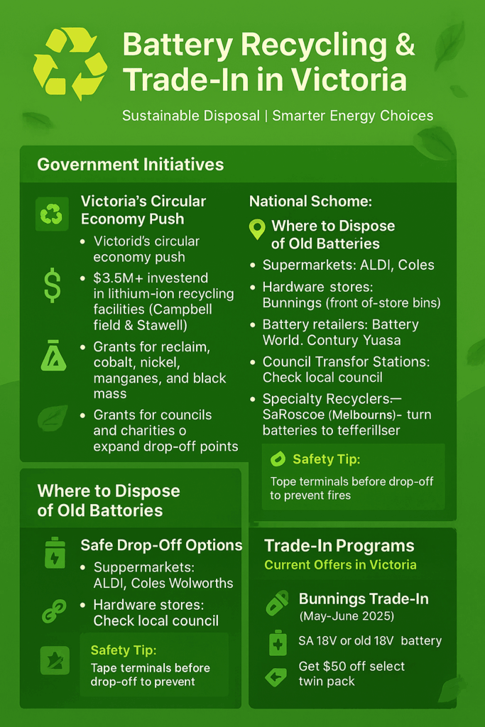 Green infographic titled “Battery Recycling & Trade-In in Victoria” with leaf illustrations and a yellow recycling symbol. Features three sections: government initiatives (grants, facilities), safe drop-off options (supermarkets, hardware stores), and trade-in offers (Bunnings May–June 2025).