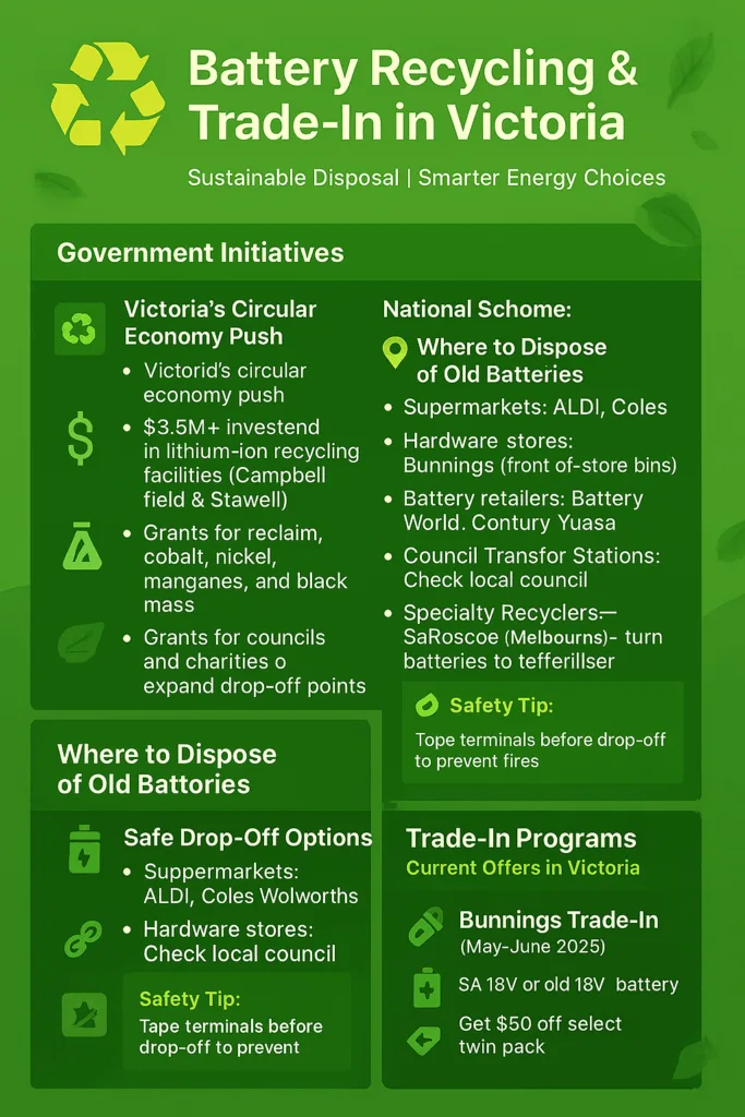 Green infographic titled “Battery Recycling & Trade-In in Victoria” with leaf illustrations and a yellow recycling symbol. Features three sections: government initiatives (grants, facilities), safe drop-off options (supermarkets, hardware stores), and trade-in offers (Bunnings May–June 2025).