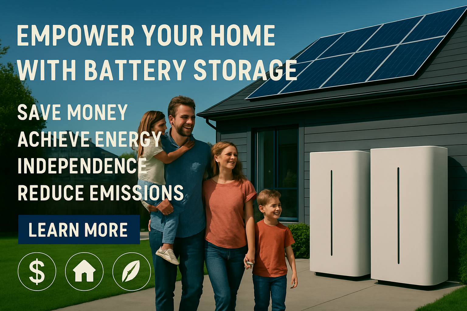 Caucasian family of four walking outside their solar-powered suburban home with white battery storage units installed beside the house.