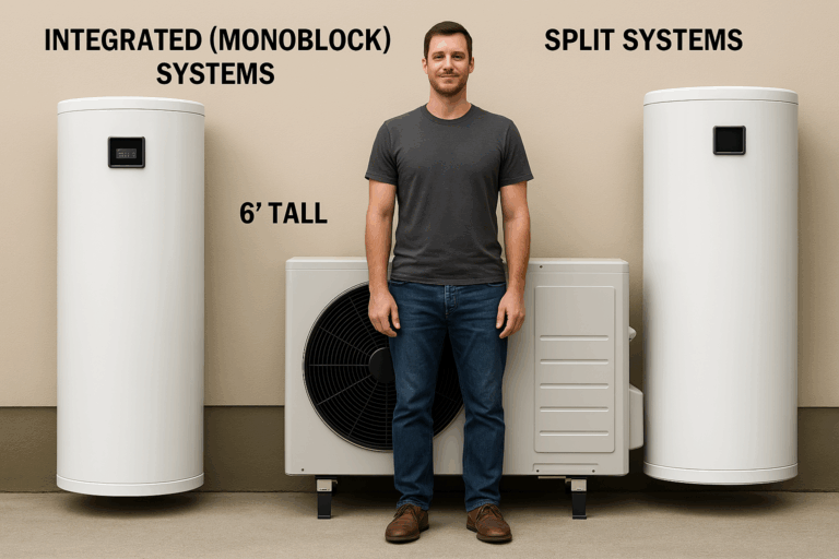 ntegrated and Split hot water heat pump systems shown with a labeled 6-foot human for scale—highlighting compact all-in-one unit versus dual-component setup with outdoor and indoor installation
