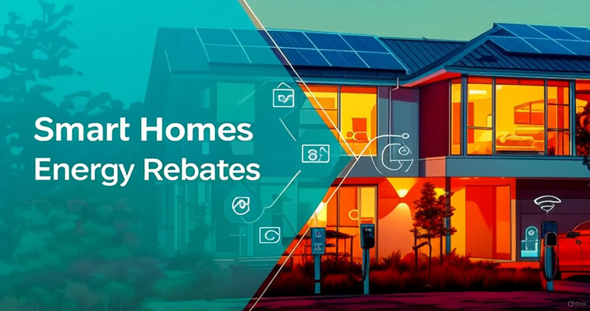 A modern smart home at dusk with solar panels on the roof, illuminated windows, electric vehicle chargers in the driveway, and icons representing smart technology, set against a vibrant blue and orange background.