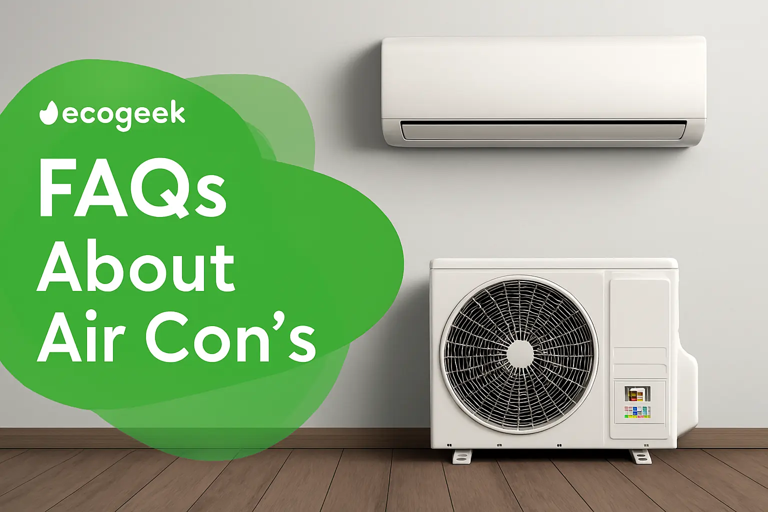 Eco Geek promotional graphic showing FAQs about air conditioners, with a wall-mounted indoor unit and outdoor condenser on a wooden floor.