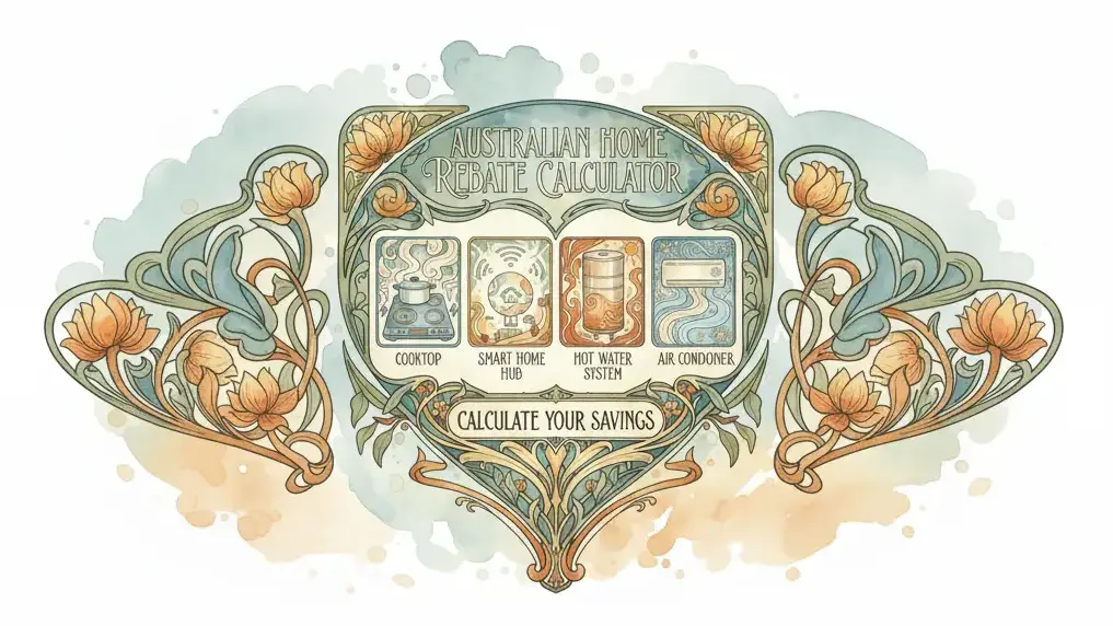 Watercolor illustration of the Australian Home Rebate Calculator showing icons for Cooktop, Smart Home Hub, Hot Water System, and Air Conditioner.