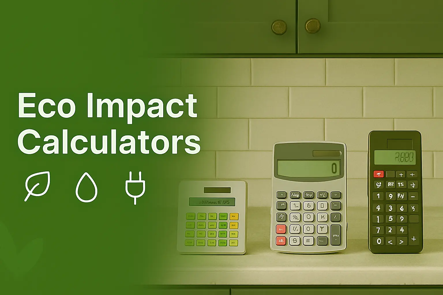 "Eco Impact Calculators banner showing carbon, water, and appliance icons with three calculators on a kitchen counter"