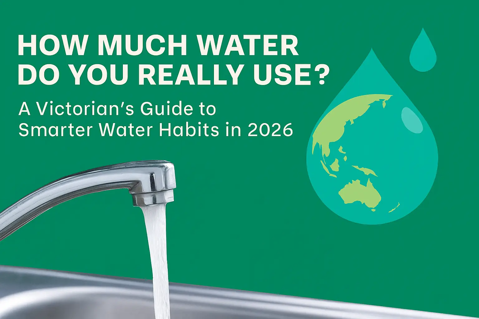 Featured image for blog post titled ‘How Much Water Do You Really Use? A Victorian’s Guide to Smarter Water Habits in 2026’, showing a chrome faucet pouring water into a sink beside a large water droplet graphic with Australia highlighted inside. Green background with bold white title text.