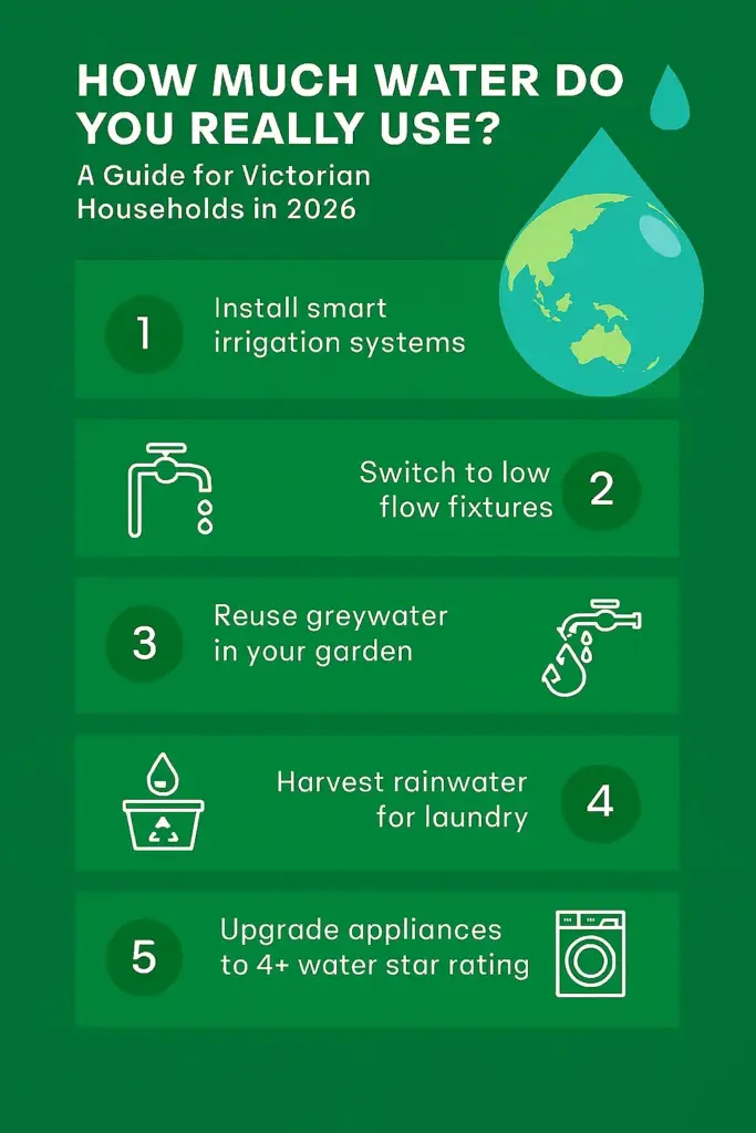 Infographic showing 5 easy water saving tips for Victorian households, including greywater reuse, smart irrigation, and 4-star appliance upgrades.