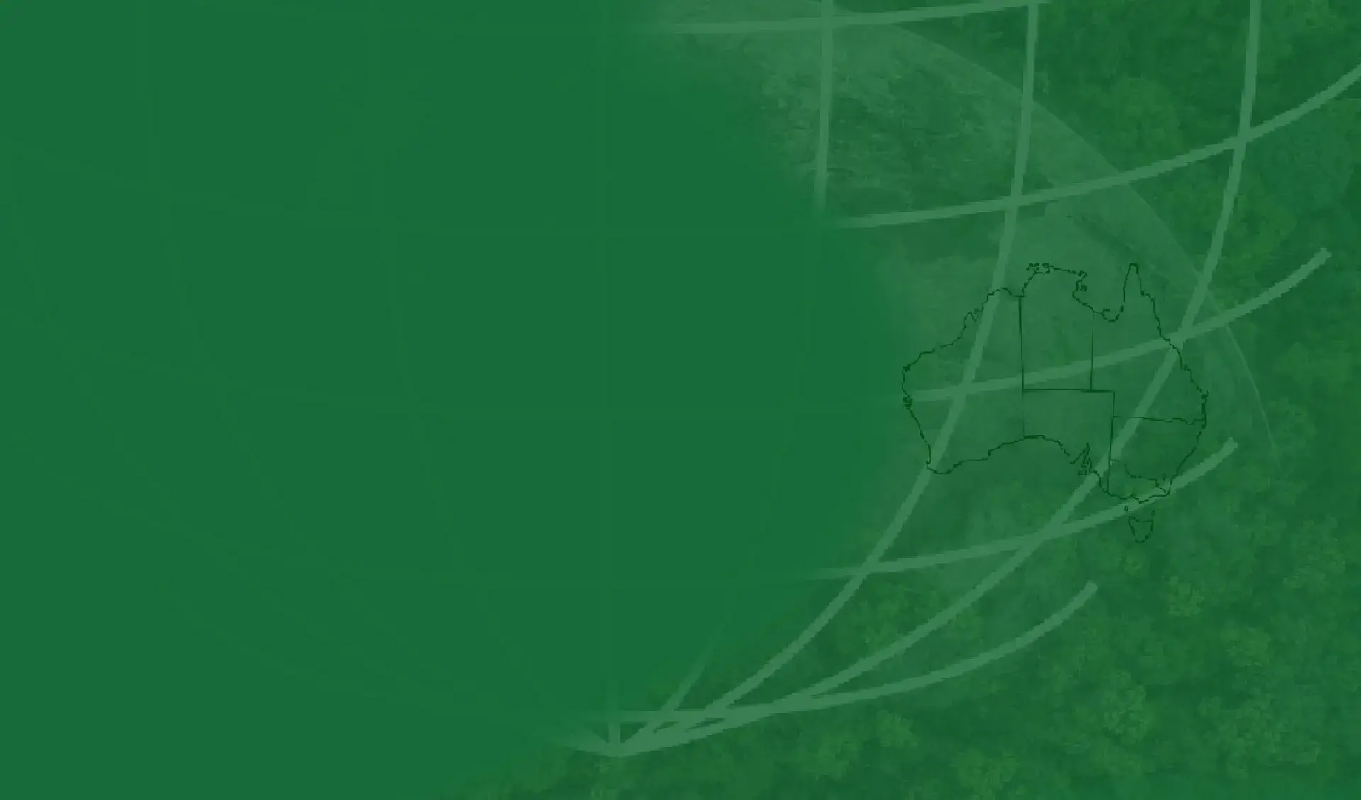 Green-tinted map of Australia overlaid on a forested Earth, with latitude-longitude grid lines suggesting global environmental mapping 